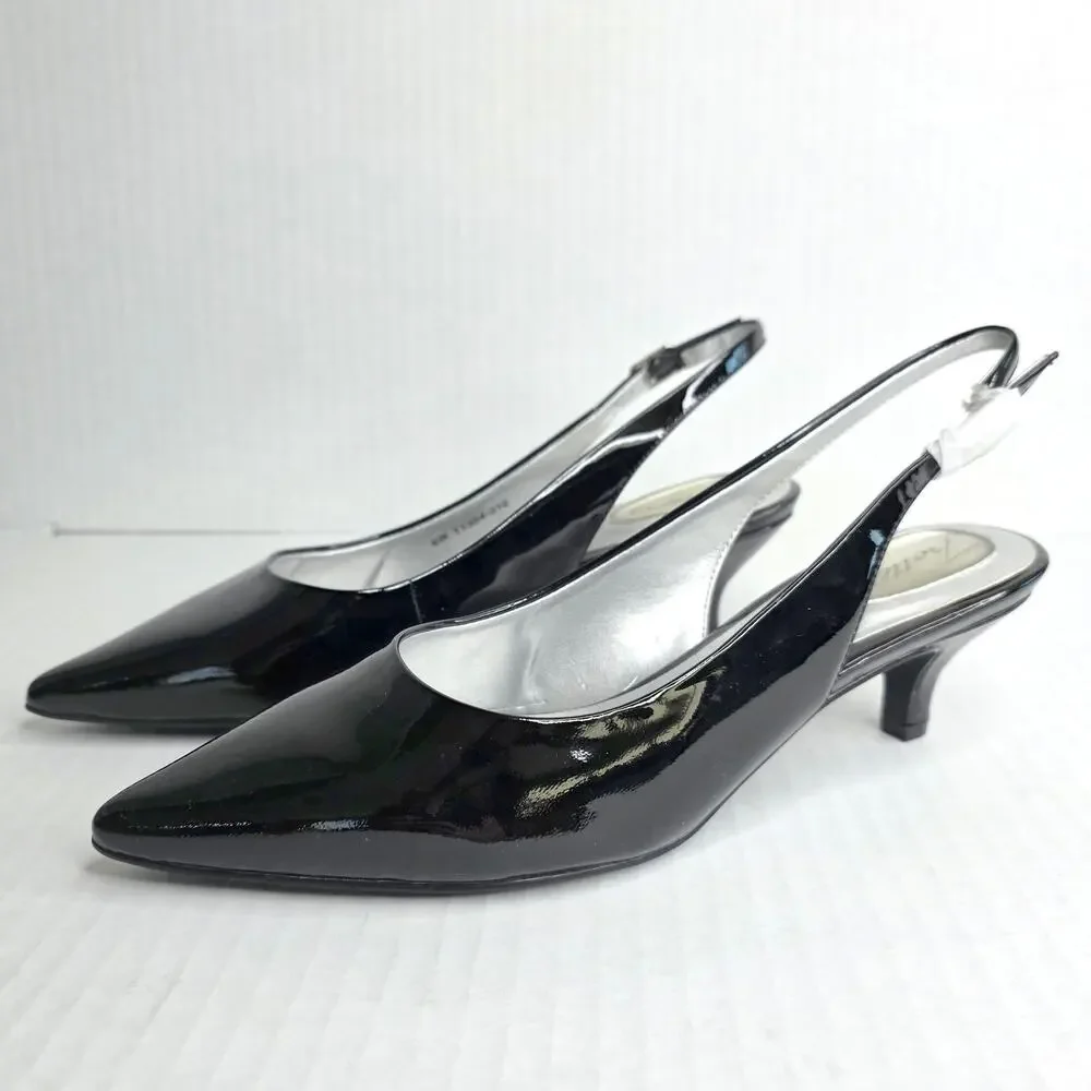 Trotters Black Patent Slingback Kitten Heels Size 6 W Pointed Toe Pumps Office - Picture 1 of 13